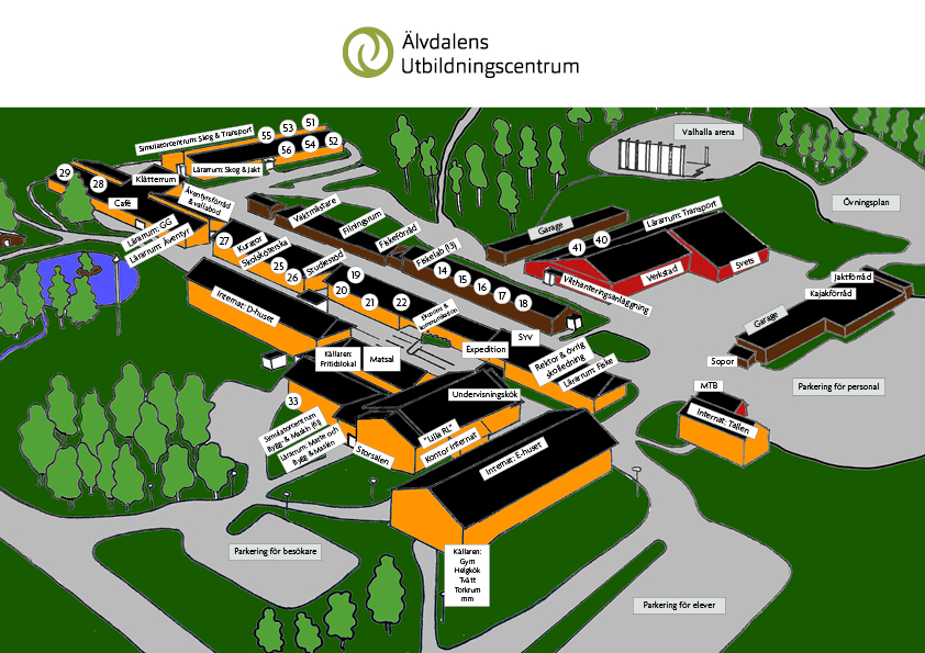 En karta över skolområdet på Älvdalens Utbildningscentrum. Den är lågupplöst. För att se hela kartan behöver man klicka på den och öppna en pdf. På kartan syns skolbyggnader, internat, övningsområden och övningsplan. Expeditionen ligger mitt i skolområdet.