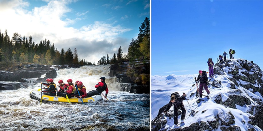 Forsränning och toppturer på Äventyrsgymnasiet. På bilden syns dels en gummibåt i en fors, dels elever som bestiger en hög topp i Norge.